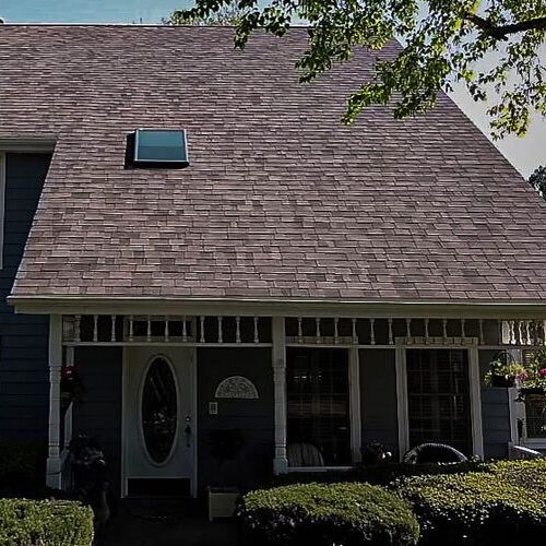 blue home with a shingle roof